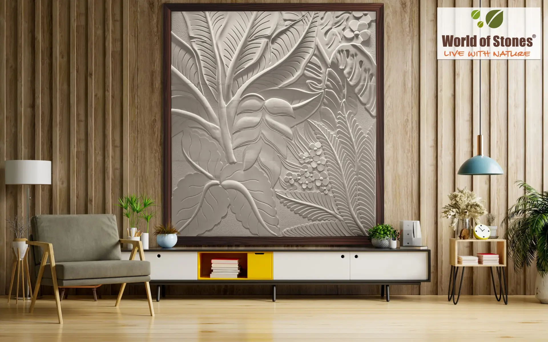 Detail of a hand-carved stone relief in a teak-clad living room
